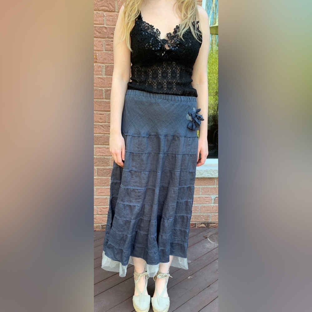 Dark blue Linen long Skirt Tiered Ruffles Elastic Waist white mash lining US M